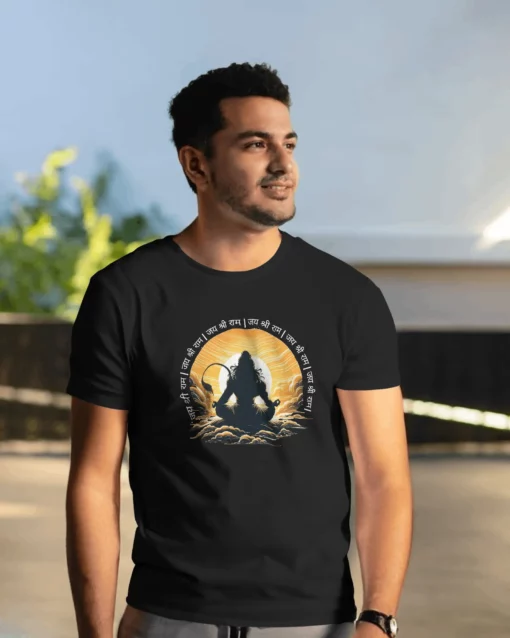 male model with hanuman meditation jai shree ram tshirt black