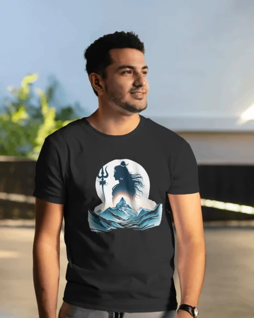 male model with Shiva Kailash Mountain tshirt black