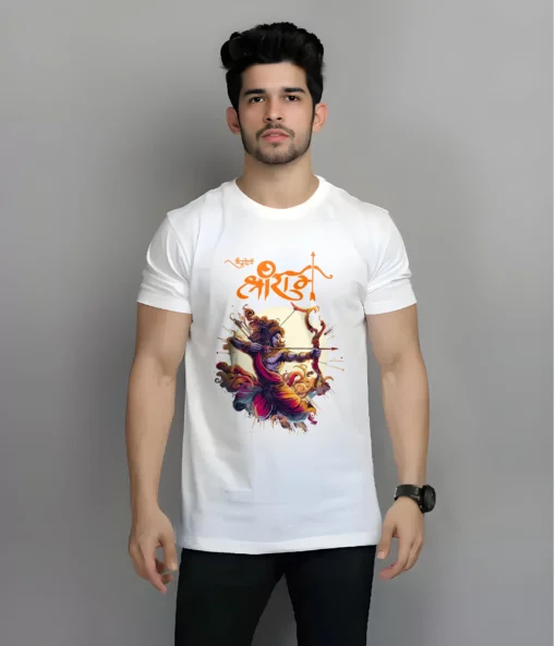 men wearing jai shree ram white tshirt