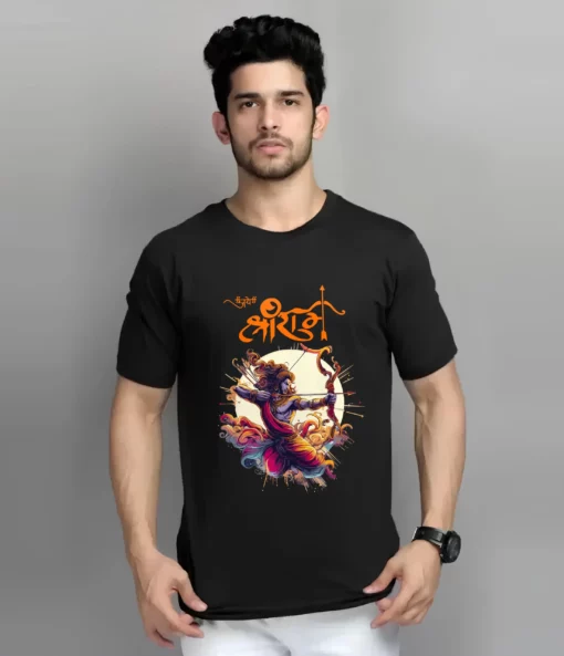 men wearing jai shree ram black tshirt