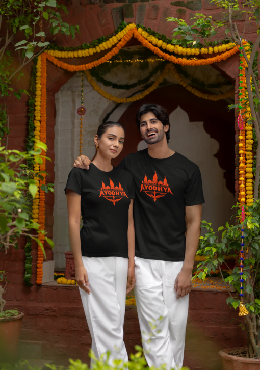 man and women standing in black tshirt