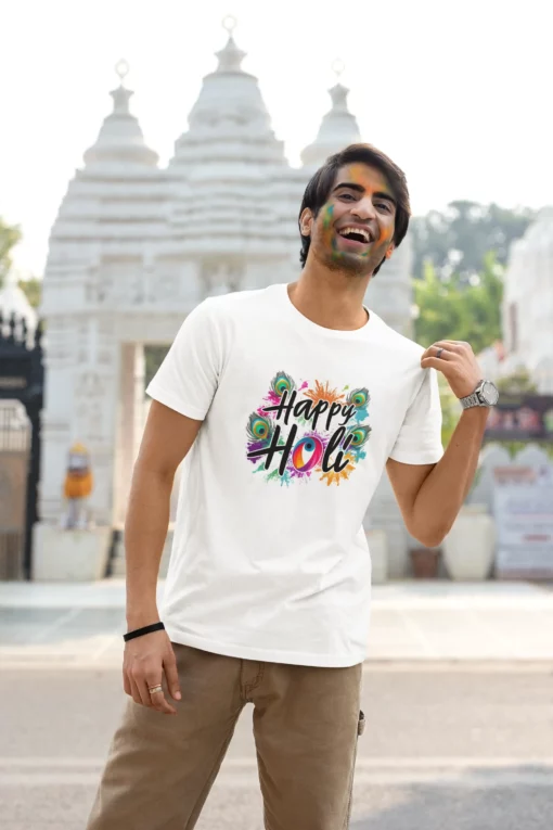 man wearing happy holi tshirt