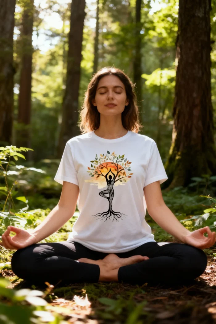 women performing yoga in forest with vanaragni's tree yoga tshirt