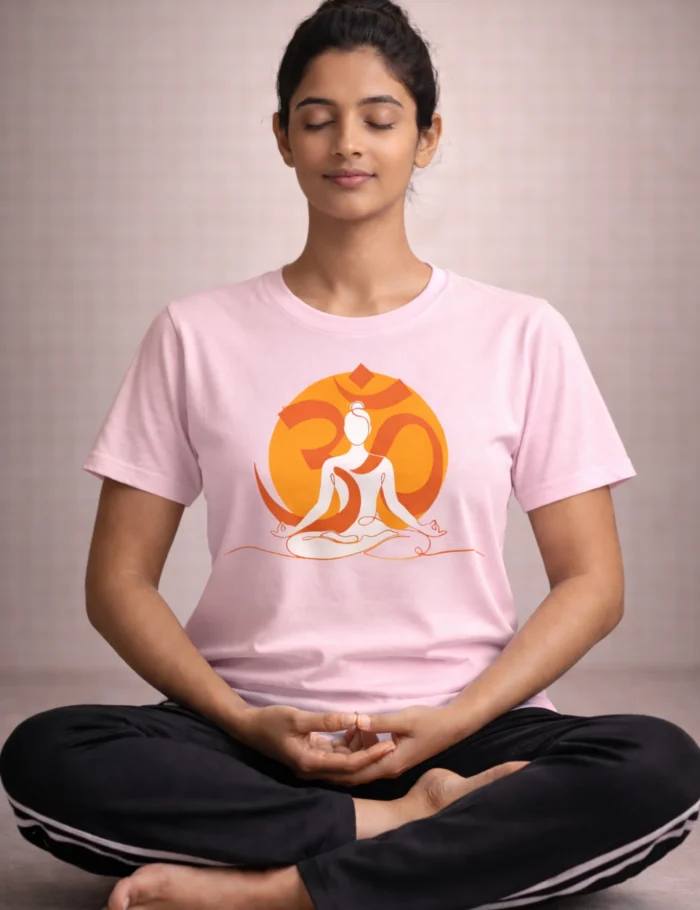 woman-meditating-pink-yoga-t-shirt-om-graphic