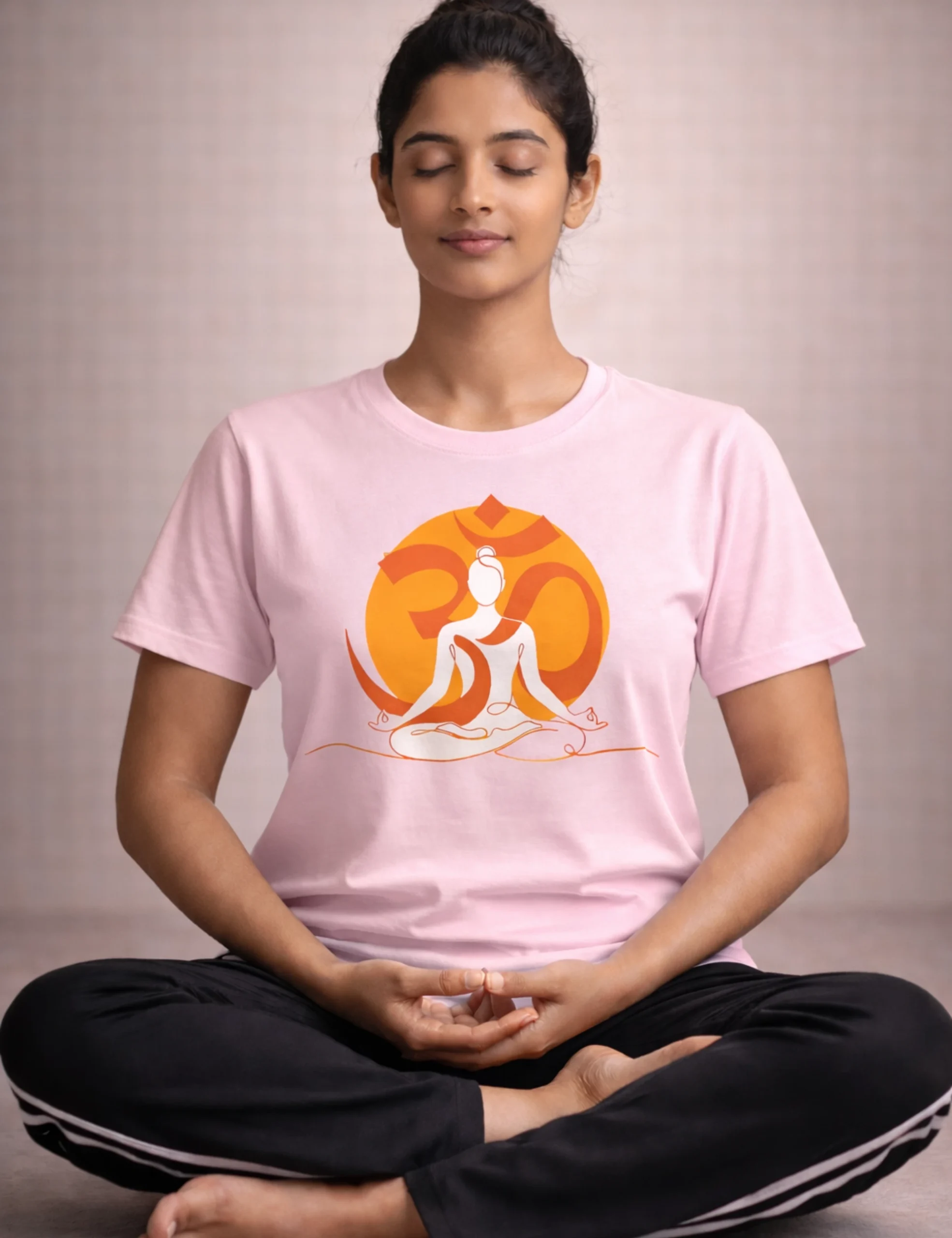 woman-meditating-pink-yoga-t-shirt-om-graphic woman-meditating-pink-yoga-t-shirt-om-graphic