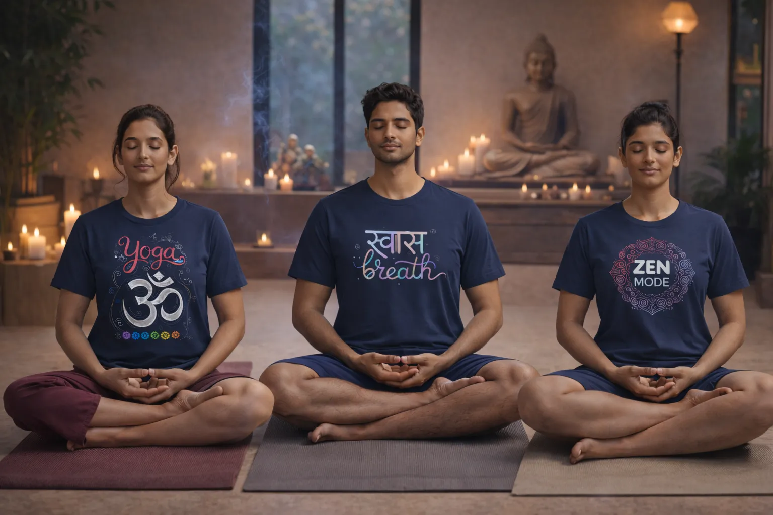 People meditating wearing yoga graphic t-shirts inspired by Indian culture