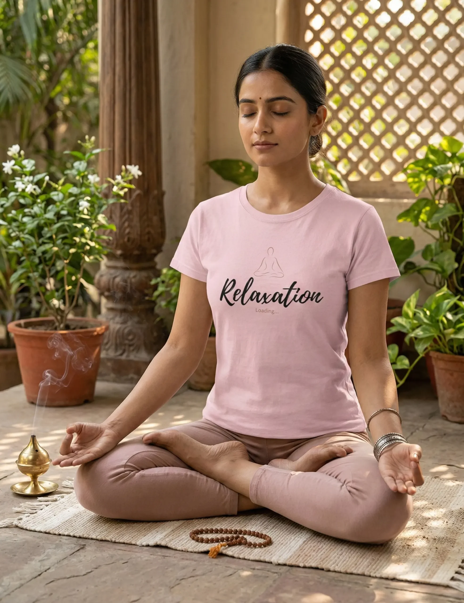Relaxation female pink yoga tshirt side angle Relaxation female pink yoga tshirt side angle