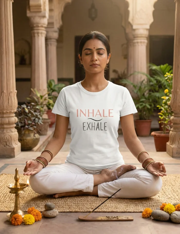 inhale exhale female white yoga tshirt