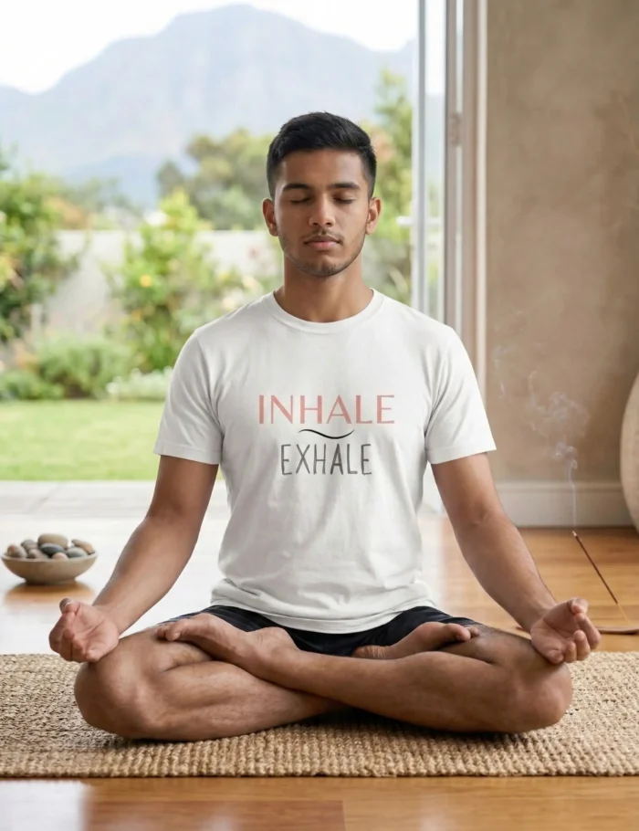 inhale exhale men white yoga tshirt