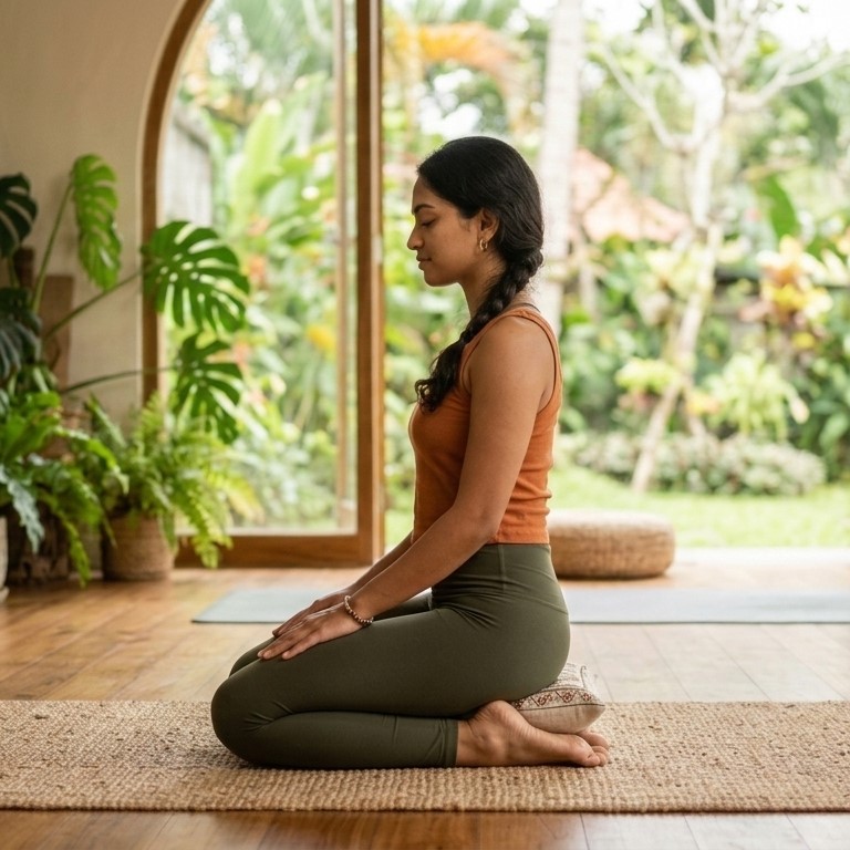 a women performing yoga pose called vajrasana