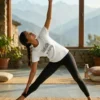 women wearing yogini tshirt and performing trikonasana