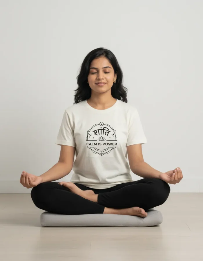 women with white T shirt with black print that says Shanti and Calm Is Power, with a small lotus design in the center, placed on a hanger against a plain background. performing meditation