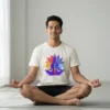 man wearing colorful chakra yoga lotus white yoga tshirt