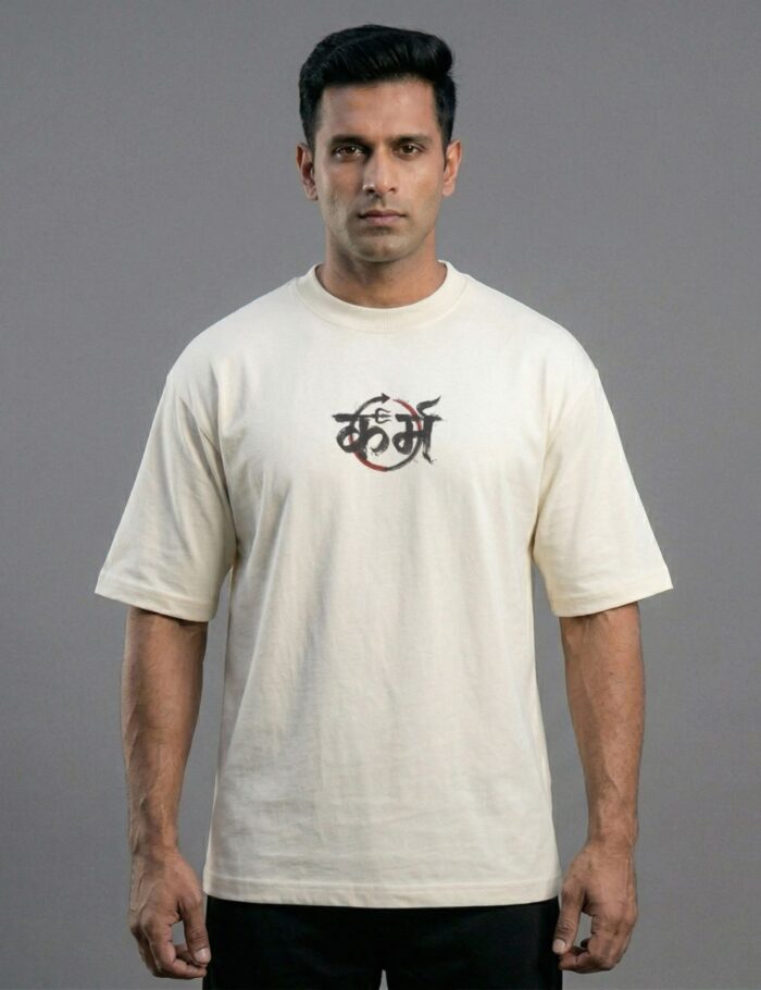 men wearing karma tshirt offwhite