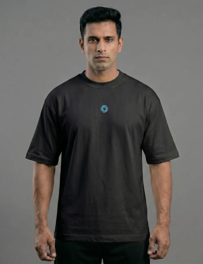 model wearing black front vaayu tshirt