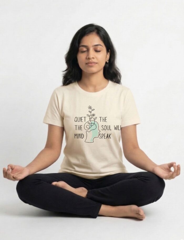 quiet the mind women wearing tshirt
