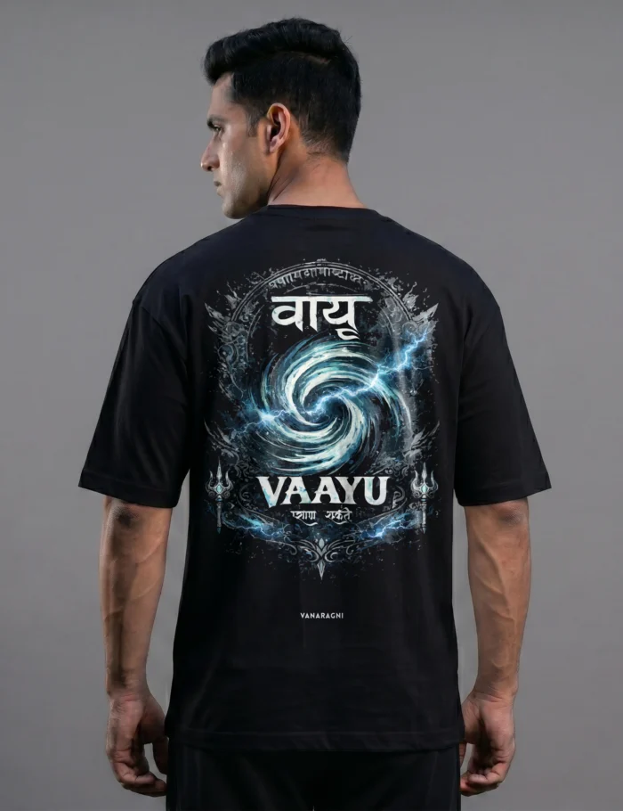 men wearing vaayu oversized tshirt and showing back design