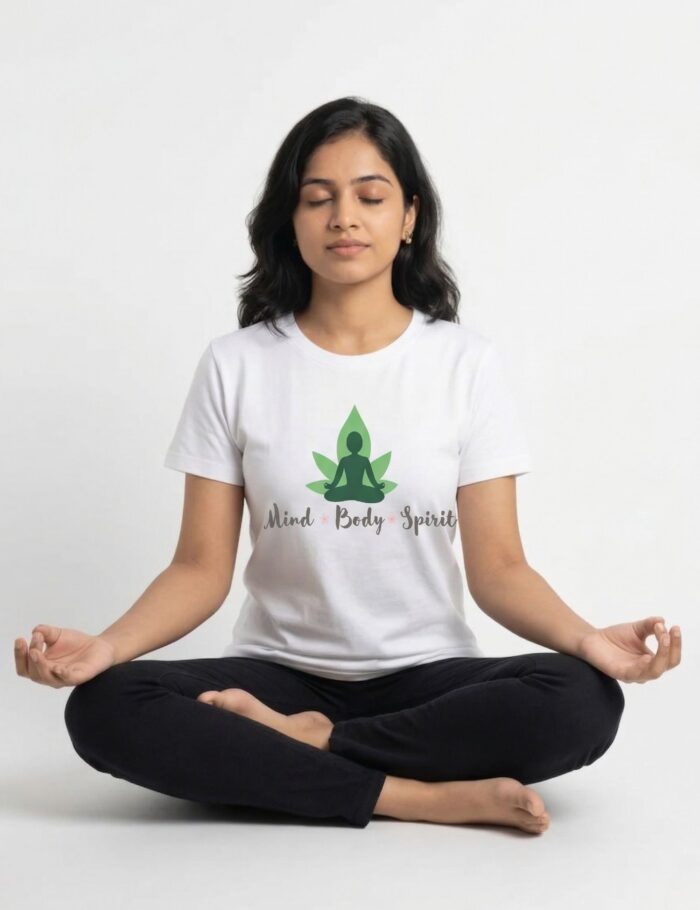 women wearing mind body spirit white tshirt