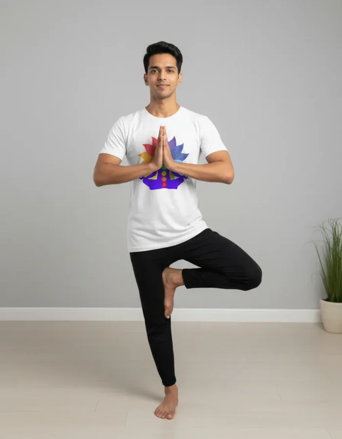 men wearing colorful chakra yoga lotus off-white yoga tshirt and performing tree yoga pose