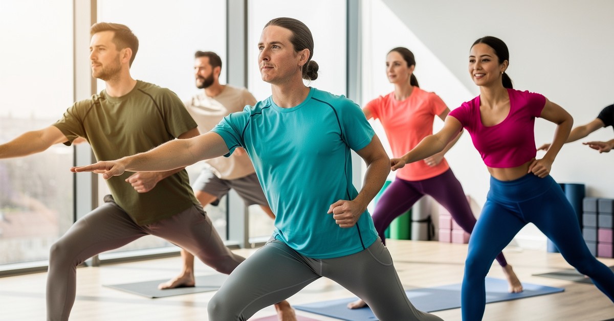 Diverse group of people in a yoga class, holding a warrior pose.