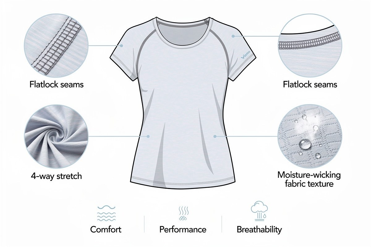 Diagram of a light blue women's t-shirt highlighting flatlock seams, 4-way stretch, moisture-wicking fabric, comfort, perform