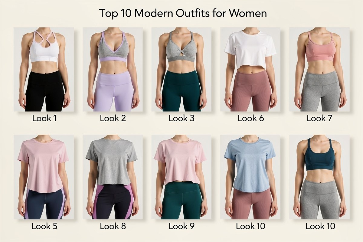 Ten modern women's outfits, including sports bras, leggings, and t-shirts in various colors.