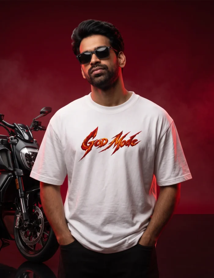God mode oversized tshirt closeup shot